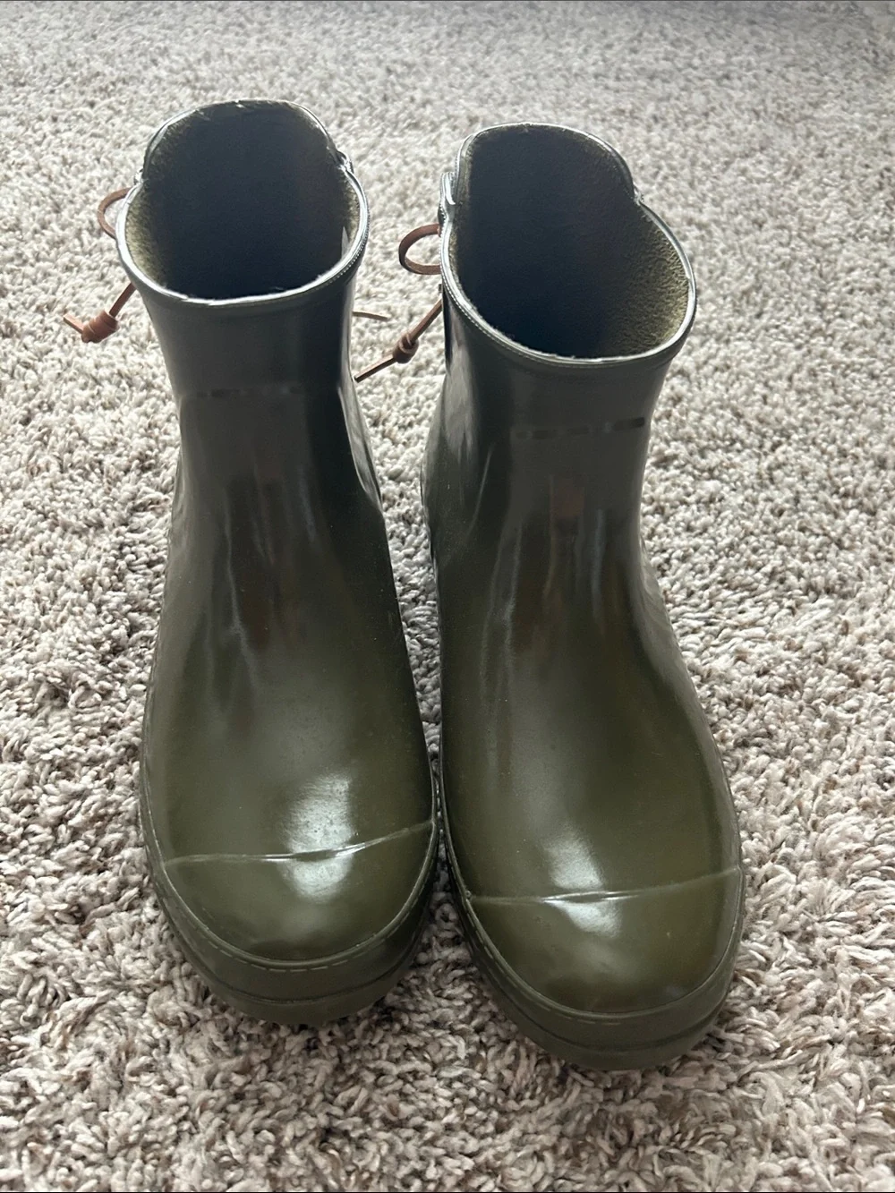Sperry Olive Green Rain Boots with Brown Laces